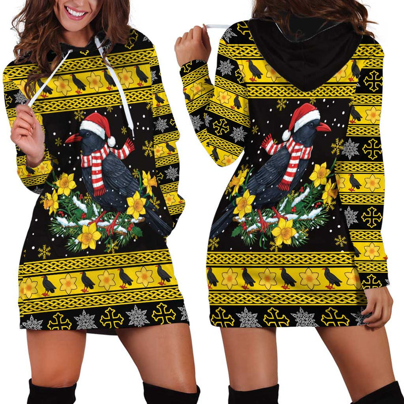 Flintshire Wales Christmas Welsh Red-billed Chough With Daffodil Hoodie Dress