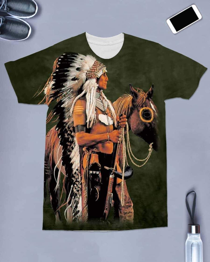 3D Native American Warrior Horse Green Background T Shirt