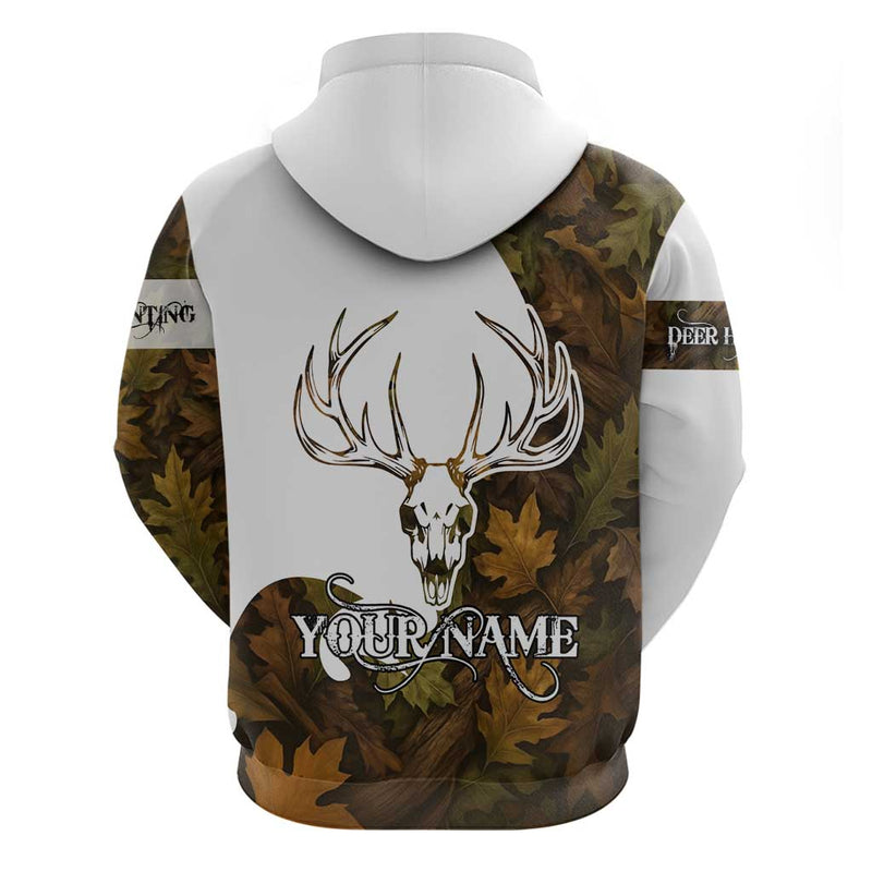 Custom Deer Hunting Skull Hoodie with Antlers Graphic on Autumn Leaf Camo Background