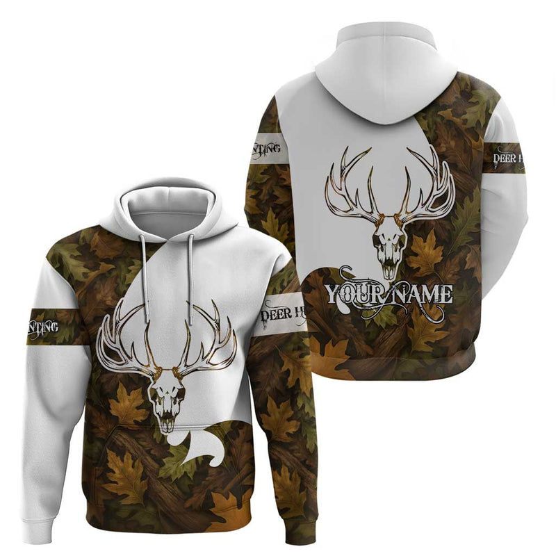 Custom Deer Hunting Skull Hoodie with Antlers Graphic on Autumn Leaf Camo Background