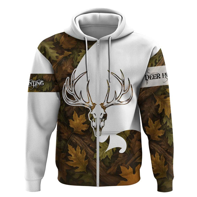 Custom Deer Hunting Skull Hoodie with Antlers Graphic on Autumn Leaf Camo Background