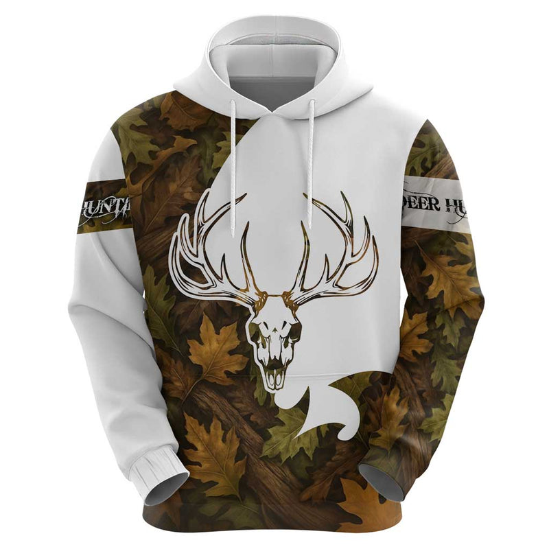 Custom Deer Hunting Skull Hoodie with Antlers Graphic on Autumn Leaf Camo Background