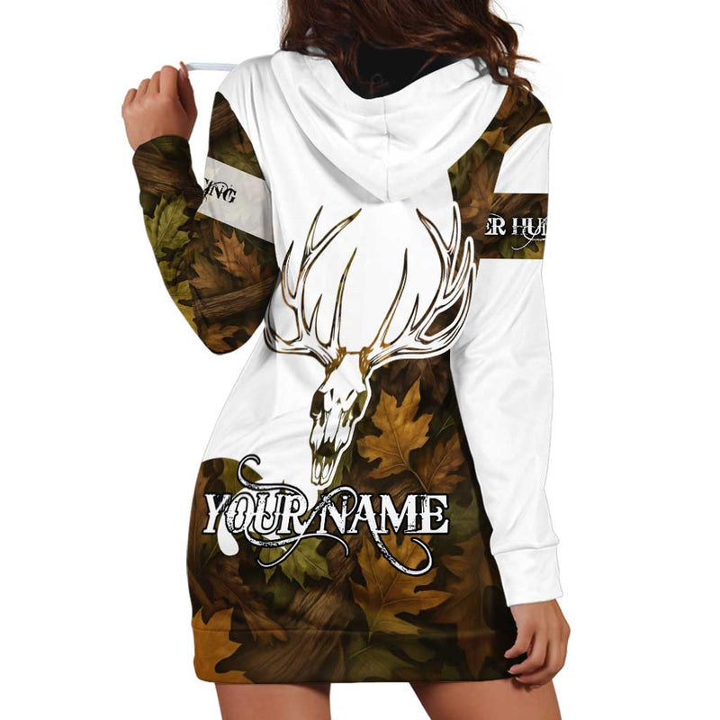 Custom Deer Hunting Skull with Antlers Graphic on Autumn Leaf Camo Background Hoodie Dress