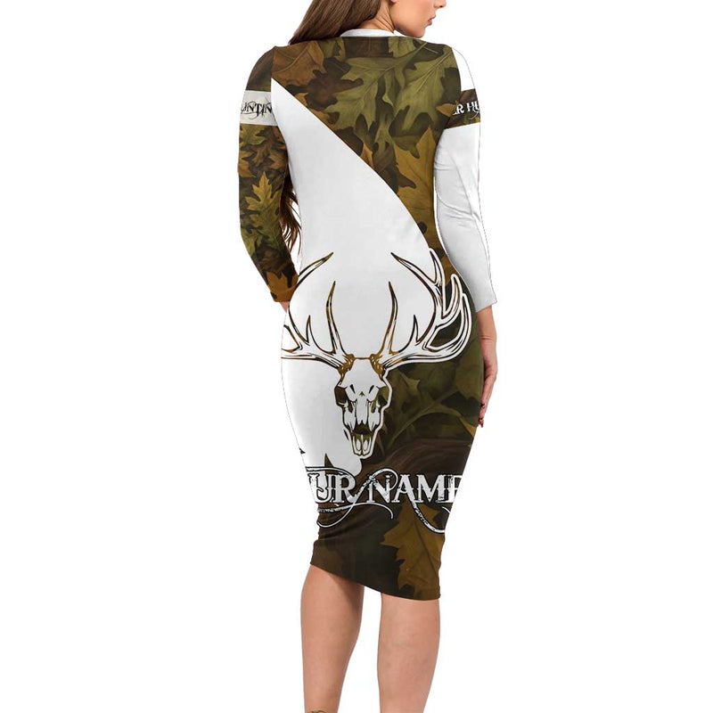 Custom Deer Hunting Skull With Antlers Graphic On Autumn Leaf Camo Background Long Sleeve Bodycon Dress