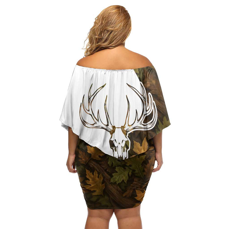 Custom Deer Hunting Skull With Antlers Graphic On Autumn Leaf Camo Background Off Shoulder Short Dress