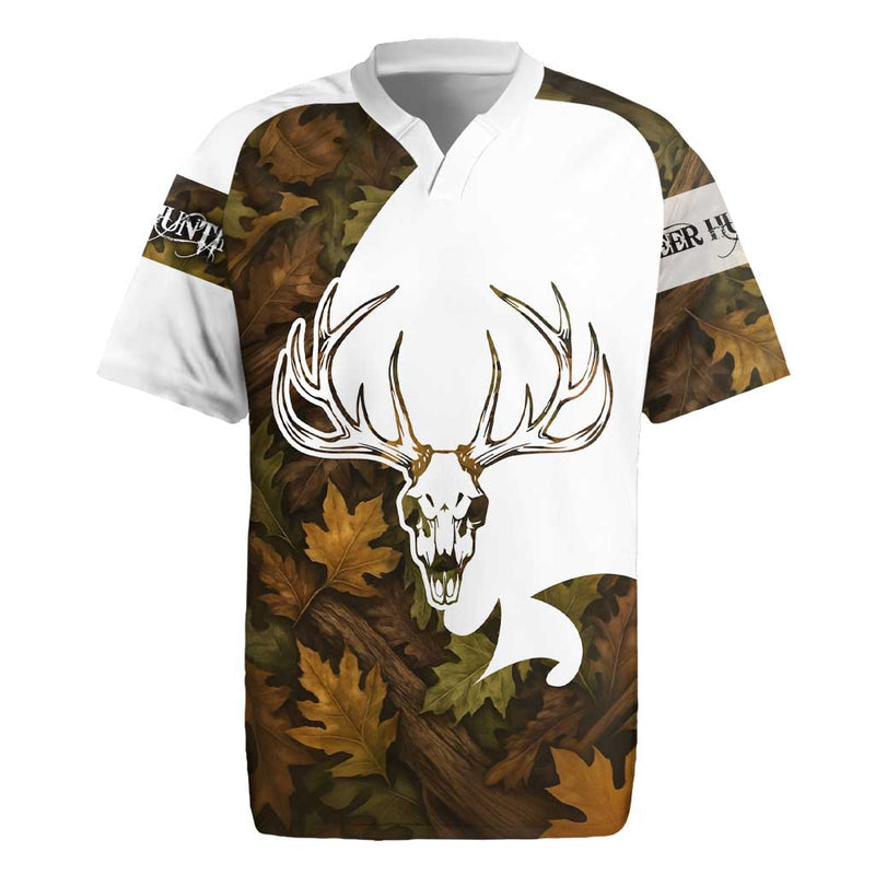 Custom Deer Hunting Skull With Antlers Graphic On Autumn Leaf Camo Background Rugby Jersey