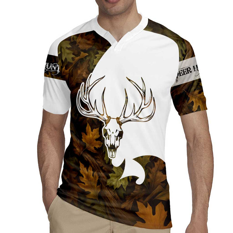 Custom Deer Hunting Skull With Antlers Graphic On Autumn Leaf Camo Background Rugby Jersey