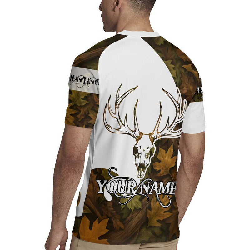 Custom Deer Hunting Skull With Antlers Graphic On Autumn Leaf Camo Background Rugby Jersey