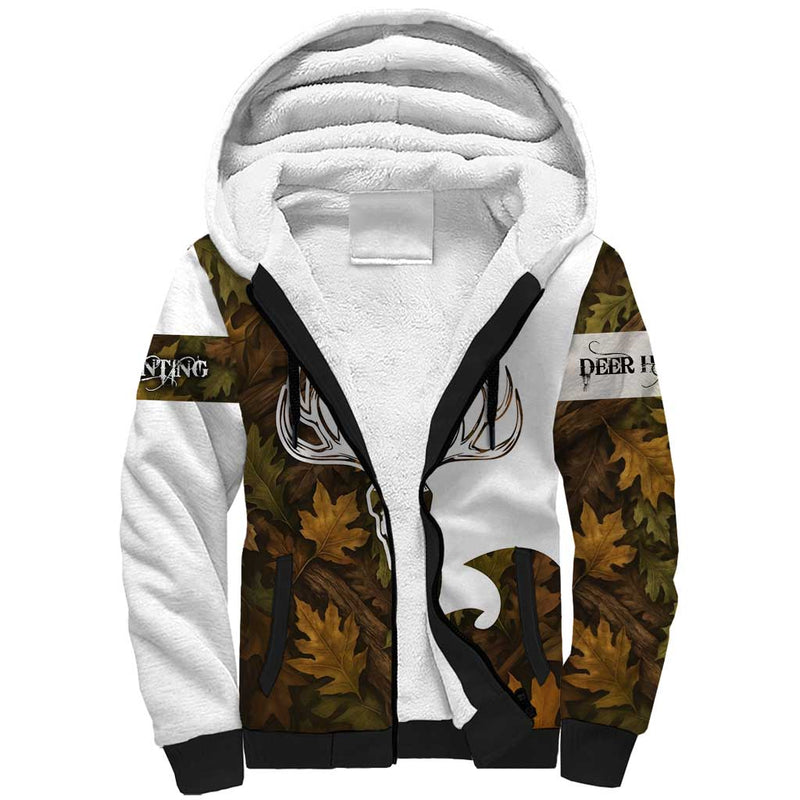 Custom Deer Hunting Skull Sherpa Hoodie with Antlers Graphic on Autumn Leaf Camo Background