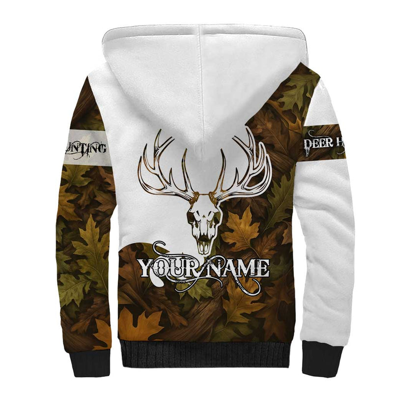 Custom Deer Hunting Skull Sherpa Hoodie with Antlers Graphic on Autumn Leaf Camo Background