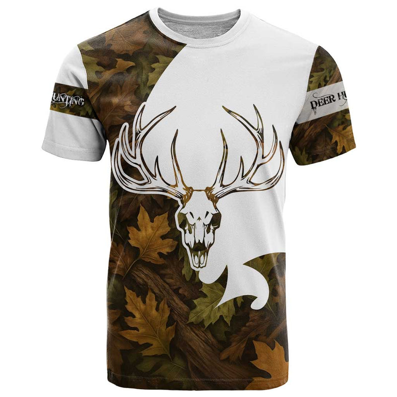 Custom Deer Hunting Skull T Shirt with Antlers Graphic on Autumn Leaf Camo Background