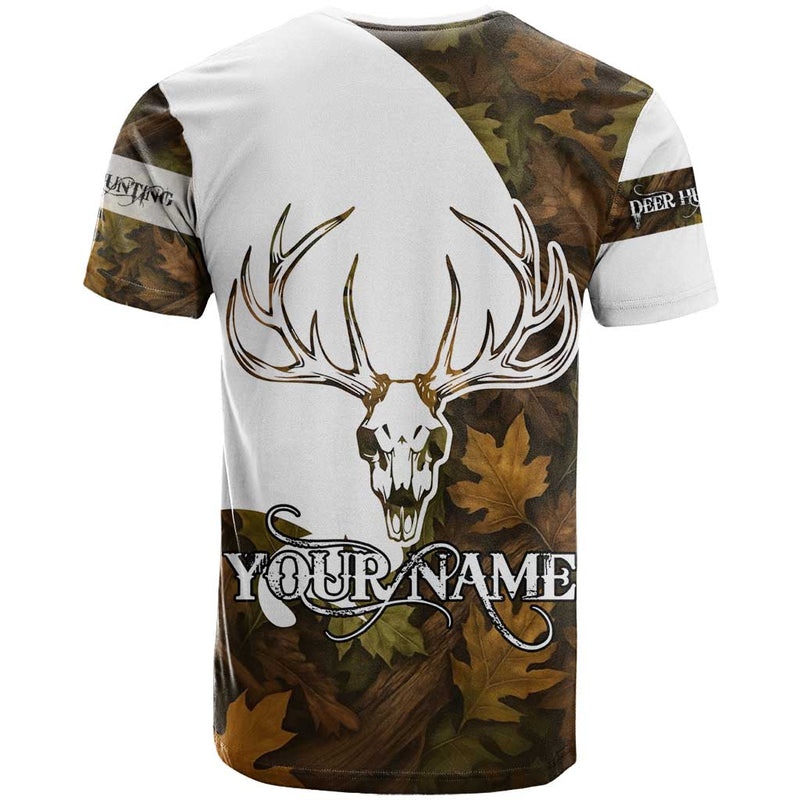 Custom Deer Hunting Skull T Shirt with Antlers Graphic on Autumn Leaf Camo Background