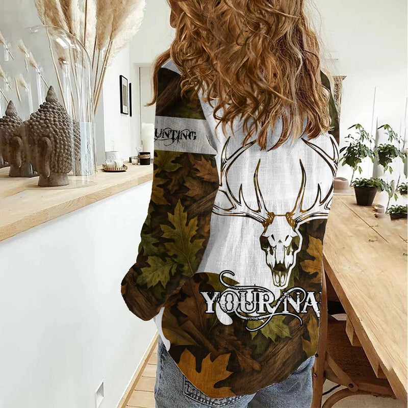 Custom Deer Hunting Skull Women Casual Shirt with Antlers Graphic on Autumn Leaf Camo Background