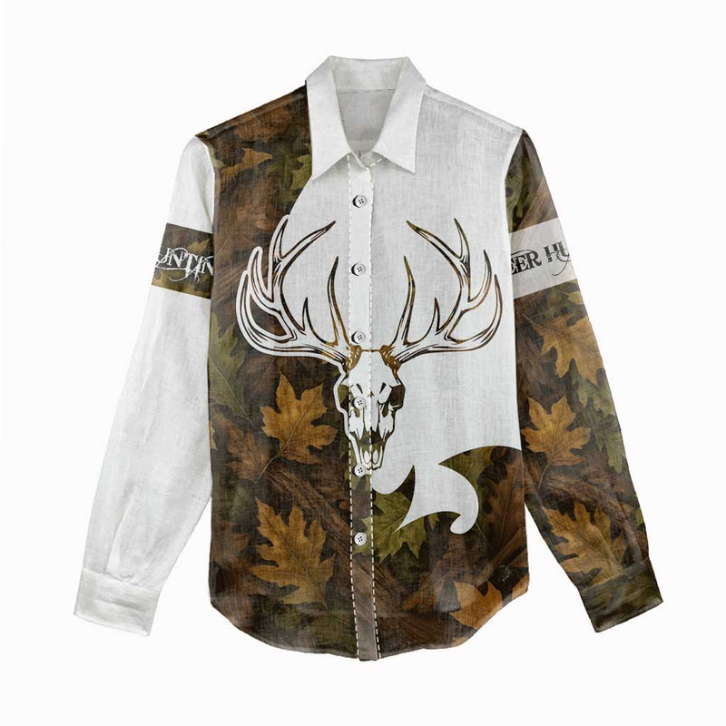Custom Deer Hunting Skull Women Casual Shirt with Antlers Graphic on Autumn Leaf Camo Background