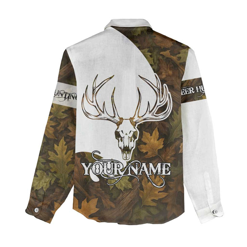 Custom Deer Hunting Skull Women Casual Shirt with Antlers Graphic on Autumn Leaf Camo Background