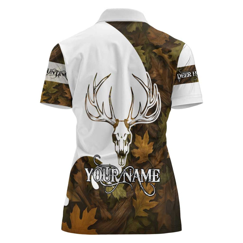 Custom Deer Hunting Skull Women Polo Shirt with Antlers Graphic on Autumn Leaf Camo Background