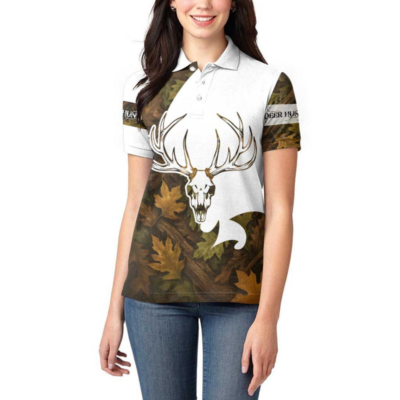 Custom Deer Hunting Skull Women Polo Shirt with Antlers Graphic on Autumn Leaf Camo Background