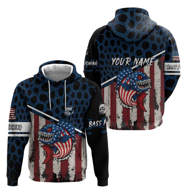 Aggressive Bass Fishing Hoodie with American Flag Pattern on Grunge Hex Background