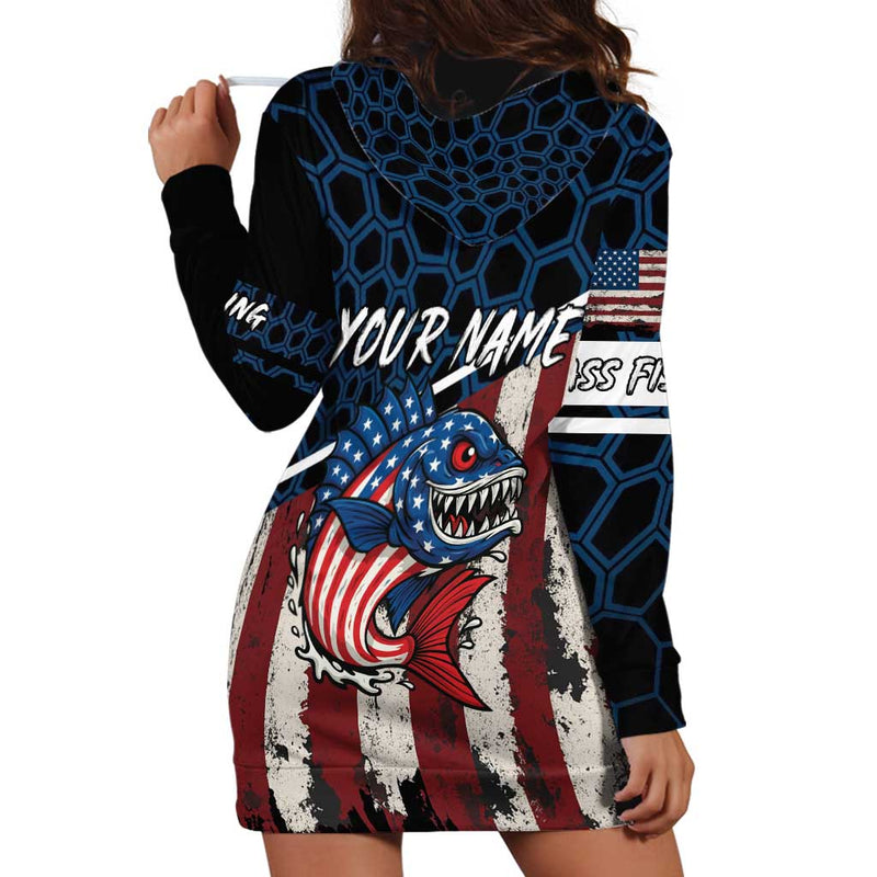 Aggressive Bass Fishing with American Flag Pattern on Grunge Hex Background Hoodie Dress
