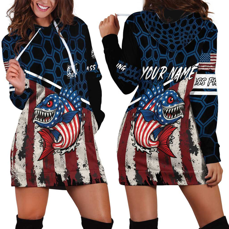 Aggressive Bass Fishing with American Flag Pattern on Grunge Hex Background Hoodie Dress