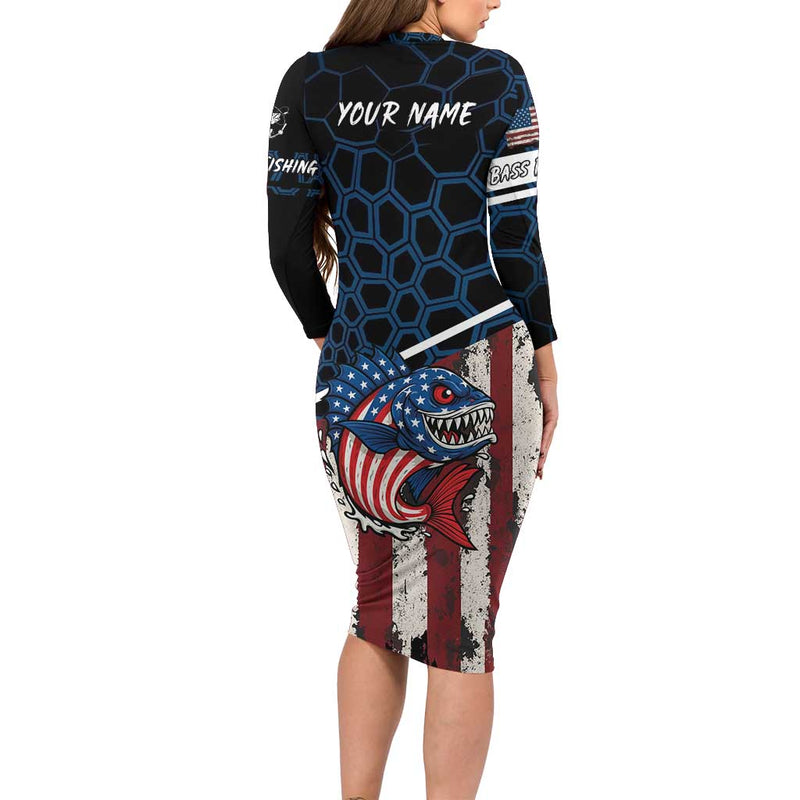 Aggressive Bass Fishing With American Flag Pattern On Grunge Hex Background Long Sleeve Bodycon Dress