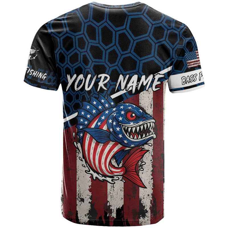 Aggressive Bass Fishing T Shirt with American Flag Pattern on Grunge Hex Background