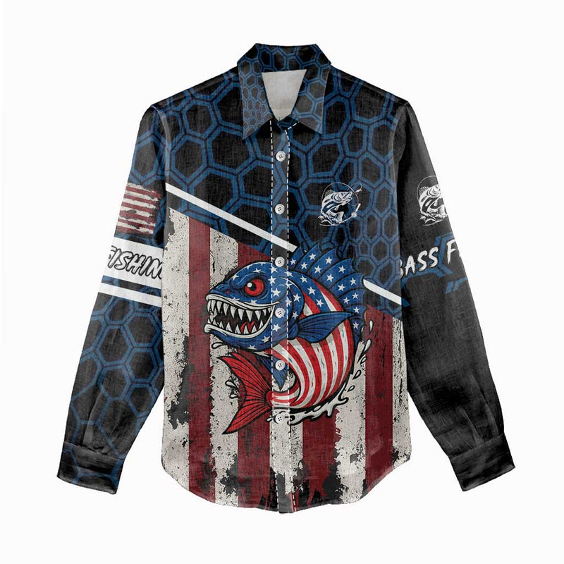 Aggressive Bass Fishing Women Casual Shirt with American Flag Pattern on Grunge Hex Background