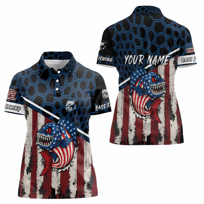 Aggressive Bass Fishing Women Polo Shirt with American Flag Pattern on Grunge Hex Background