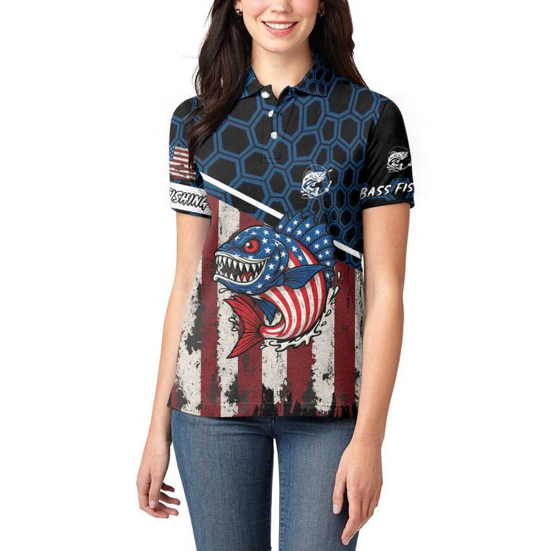 Aggressive Bass Fishing Women Polo Shirt with American Flag Pattern on Grunge Hex Background