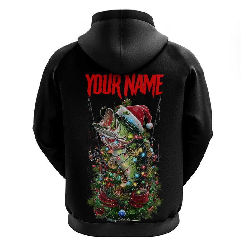 Custom Christmas Bass Fishing Hoodie Santa Hat and Holiday Lights on Black Background