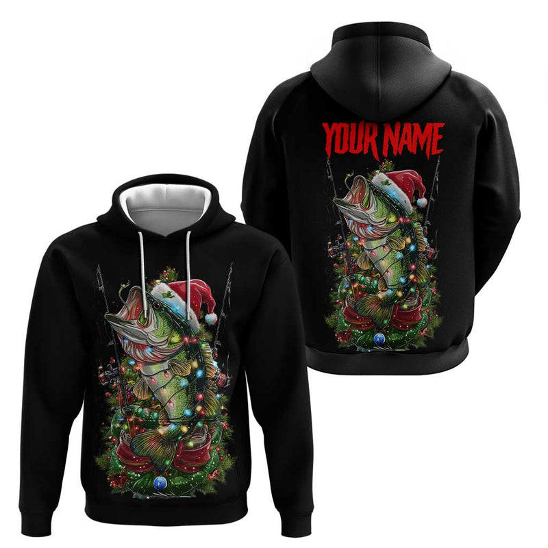 Custom Christmas Bass Fishing Hoodie Santa Hat and Holiday Lights on Black Background