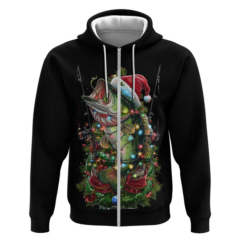 Custom Christmas Bass Fishing Hoodie Santa Hat and Holiday Lights on Black Background