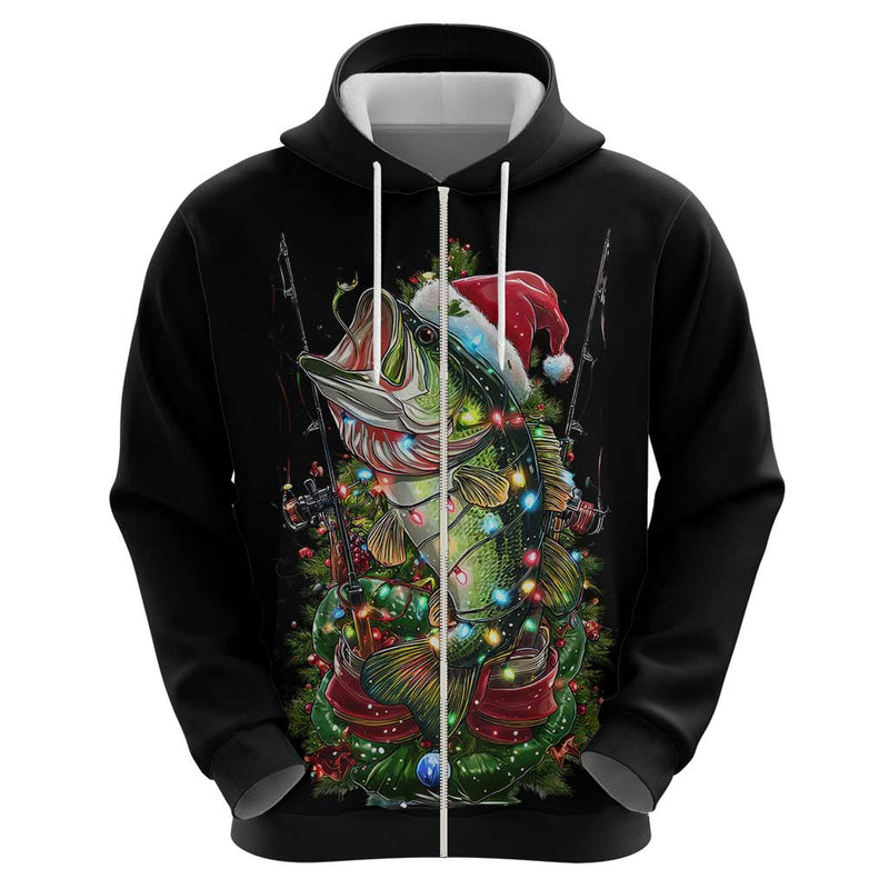 Custom Christmas Bass Fishing Hoodie Santa Hat and Holiday Lights on Black Background