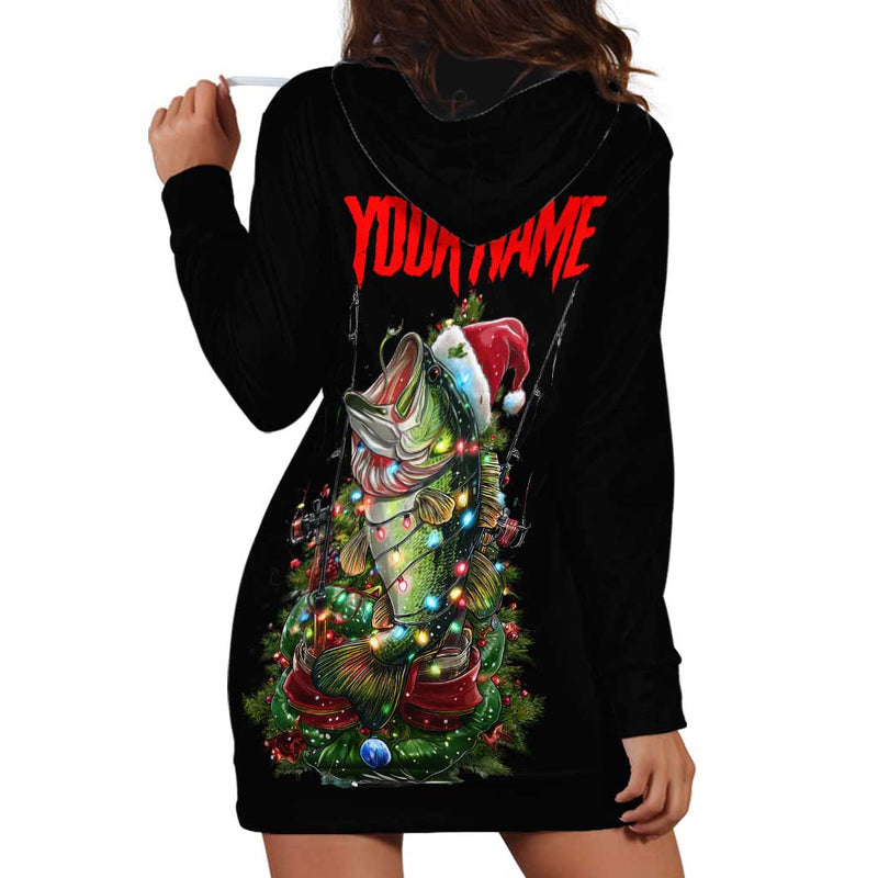 Custom Christmas Bass Fishing Santa Hat and Holiday Lights on Black Background Hoodie Dress