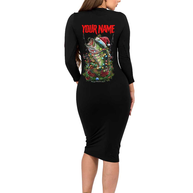 Custom Christmas Bass Fishing Santa Hat And Holiday Lights On Black Background Long Sleeve Bodycon Dress