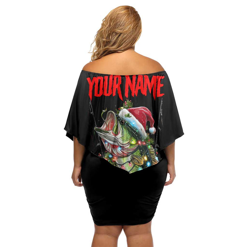 Custom Christmas Bass Fishing Santa Hat And Holiday Lights On Black Background Off Shoulder Short Dress