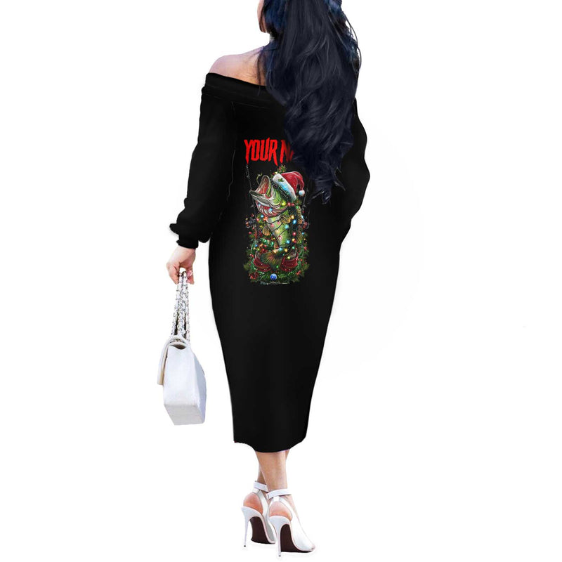Custom Christmas Bass Fishing Santa Hat And Holiday Lights On Black Background Off The Shoulder Long Sleeve Dress