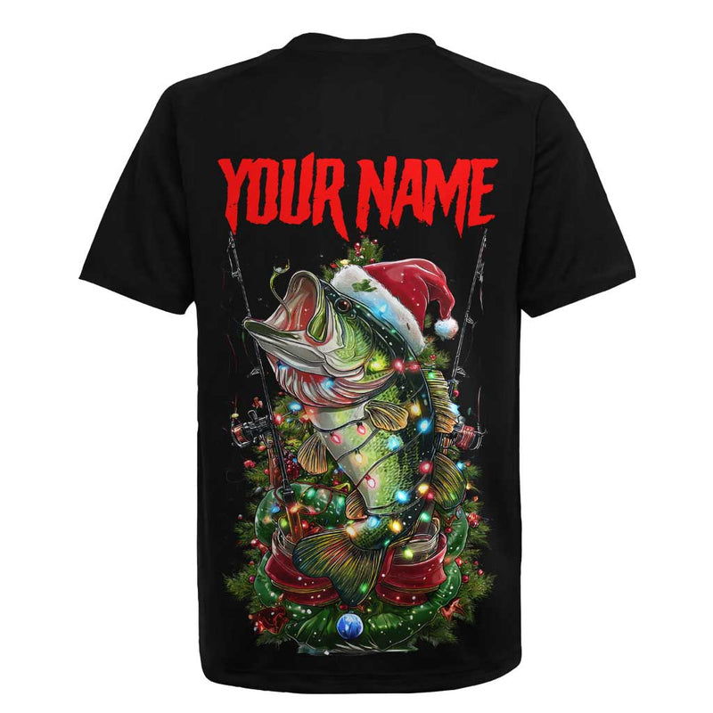 Custom Christmas Bass Fishing Santa Hat And Holiday Lights On Black Background Rugby Jersey