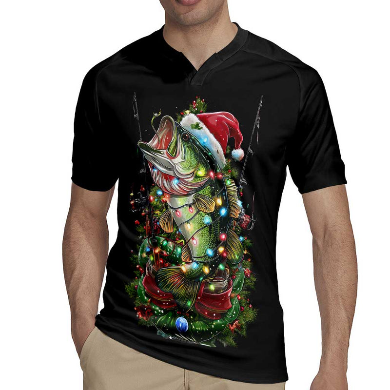 Custom Christmas Bass Fishing Santa Hat And Holiday Lights On Black Background Rugby Jersey