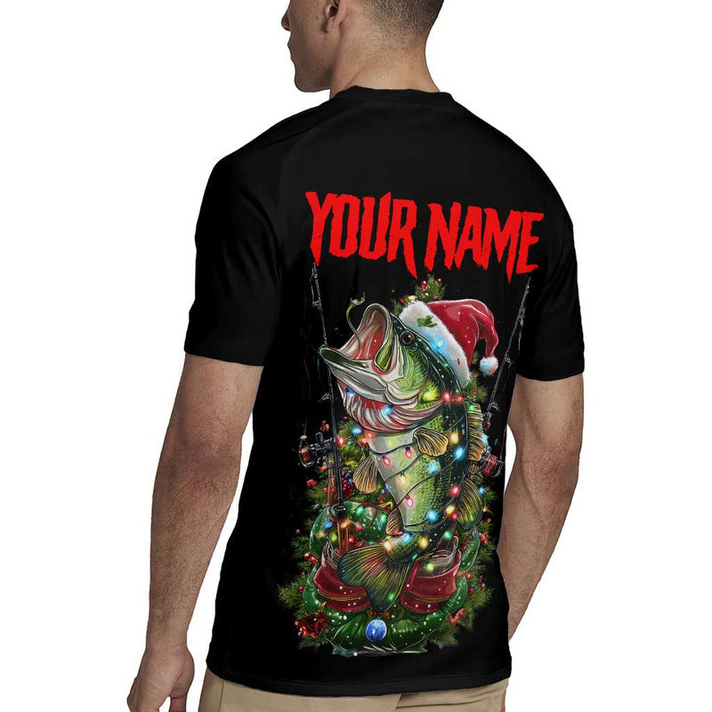 Custom Christmas Bass Fishing Santa Hat And Holiday Lights On Black Background Rugby Jersey