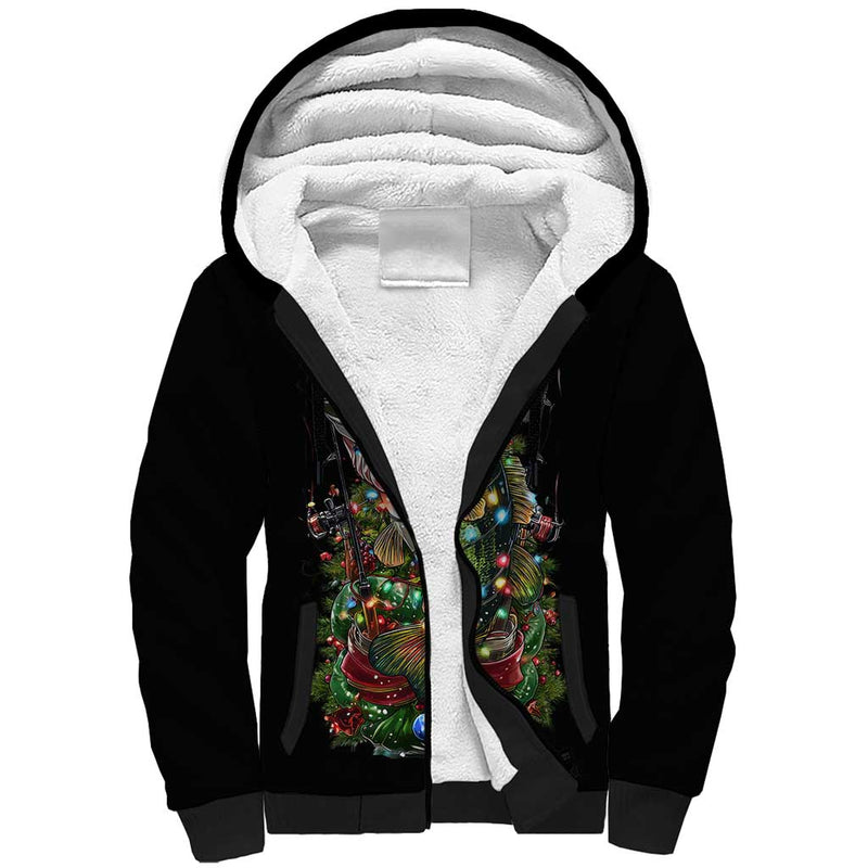 Custom Christmas Bass Fishing Sherpa Hoodie Santa Hat and Holiday Lights on Black Background