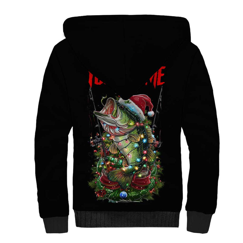 Custom Christmas Bass Fishing Sherpa Hoodie Santa Hat and Holiday Lights on Black Background