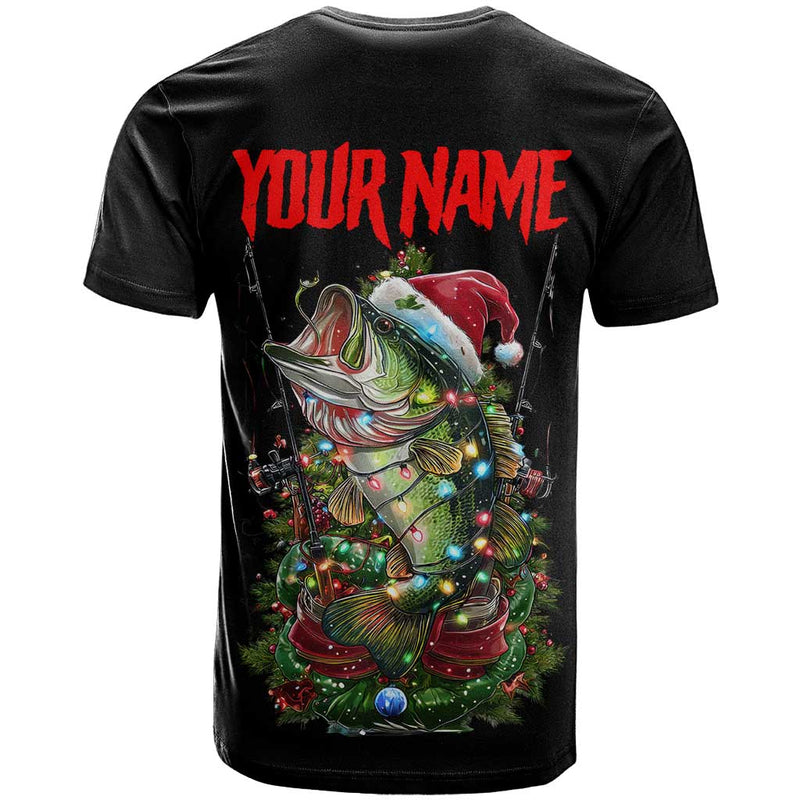 Custom Christmas Bass Fishing T Shirt Santa Hat and Holiday Lights on Black Background