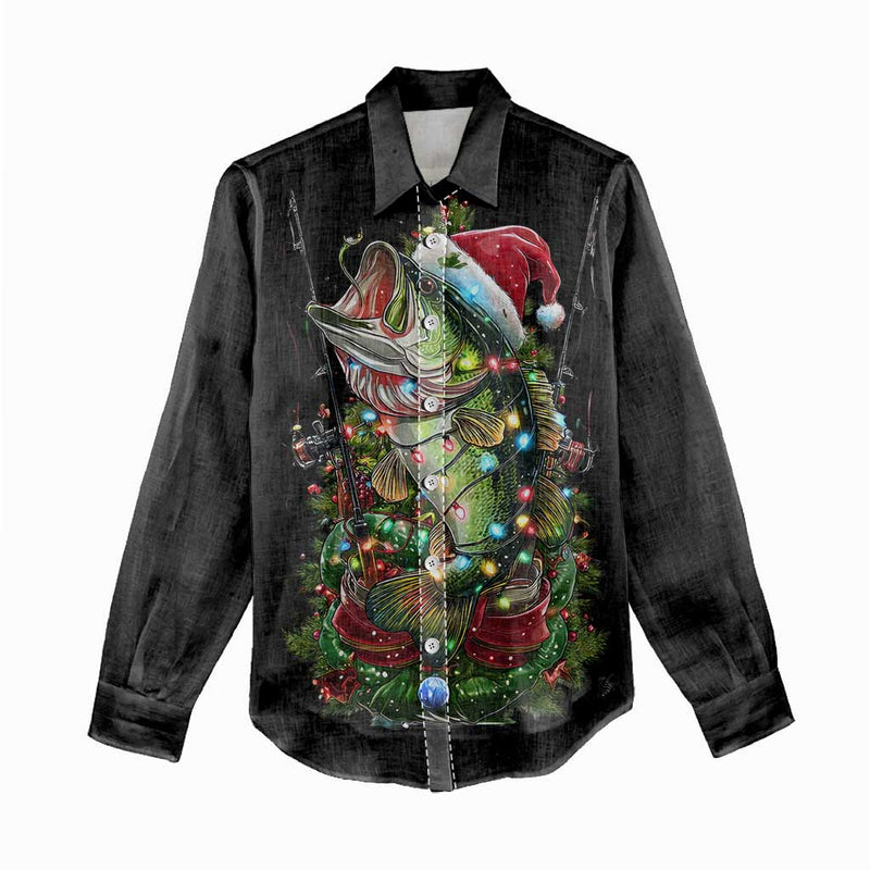 Custom Christmas Bass Fishing Women Casual Shirt Santa Hat and Holiday Lights on Black Background