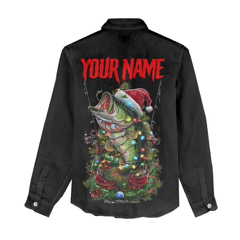 Custom Christmas Bass Fishing Women Casual Shirt Santa Hat and Holiday Lights on Black Background
