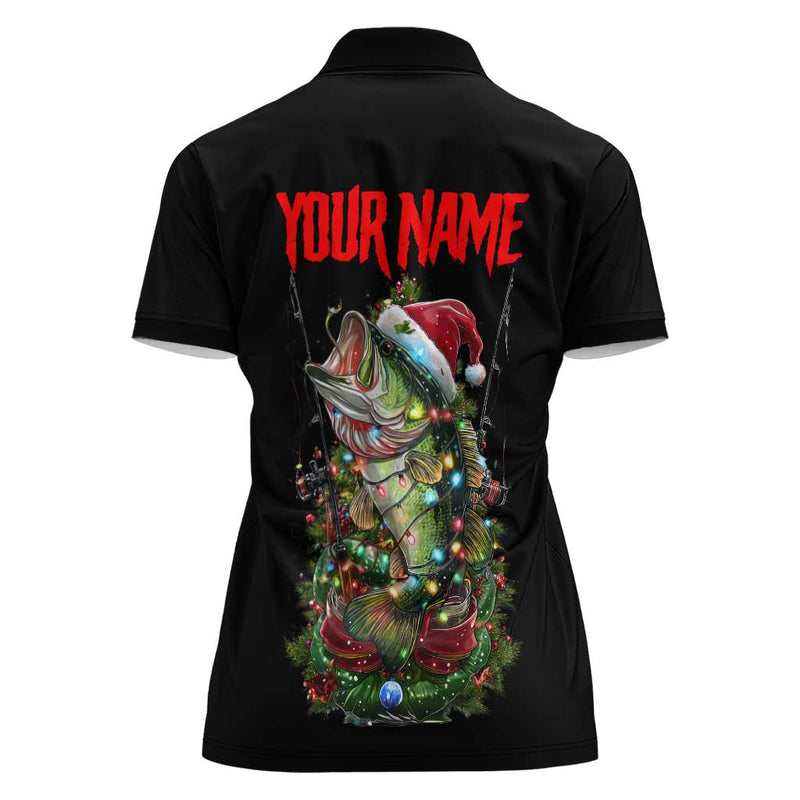 Custom Christmas Bass Fishing Women Polo Shirt Santa Hat and Holiday Lights on Black Background
