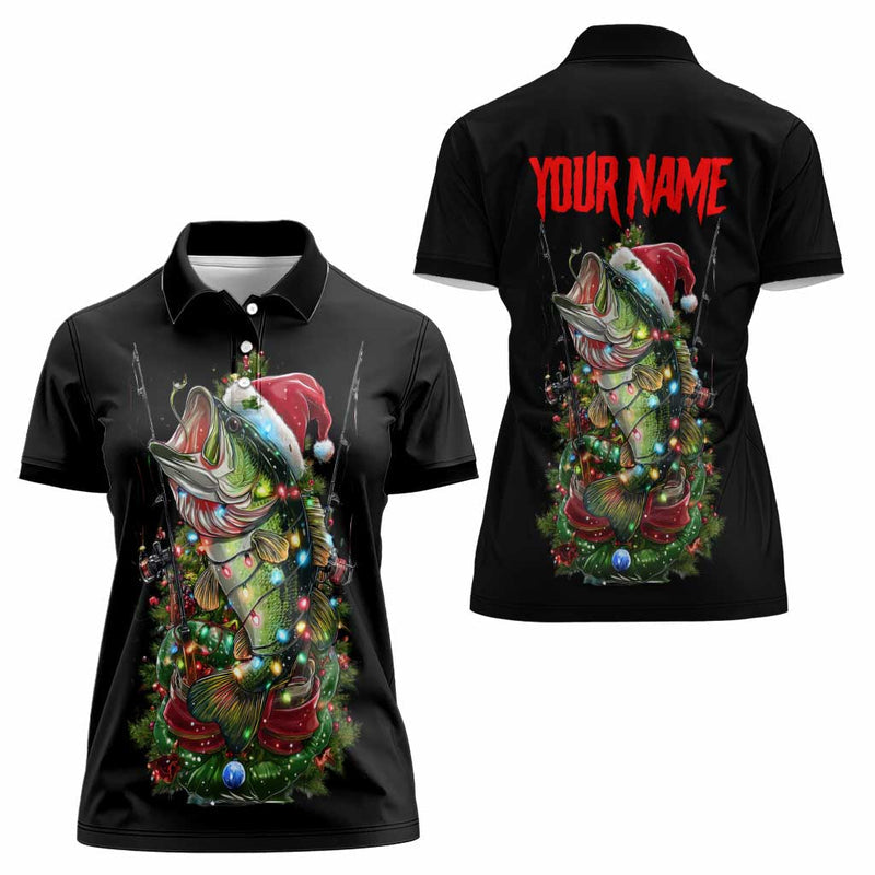 Custom Christmas Bass Fishing Women Polo Shirt Santa Hat and Holiday Lights on Black Background