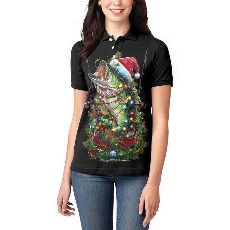 Custom Christmas Bass Fishing Women Polo Shirt Santa Hat and Holiday Lights on Black Background