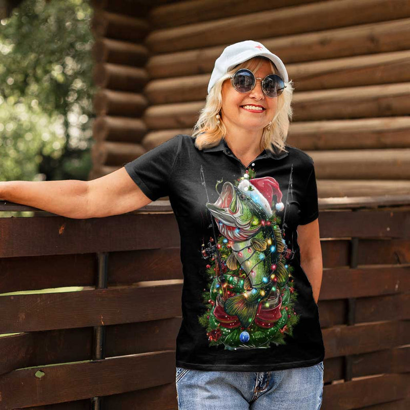 Custom Christmas Bass Fishing Women Polo Shirt Santa Hat and Holiday Lights on Black Background