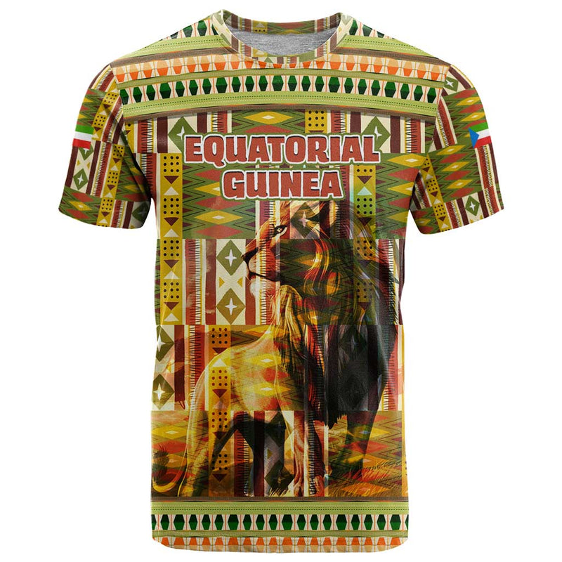 Equatorial Guinea with Lion Print and Traditional African Kente Patterns T Shirt